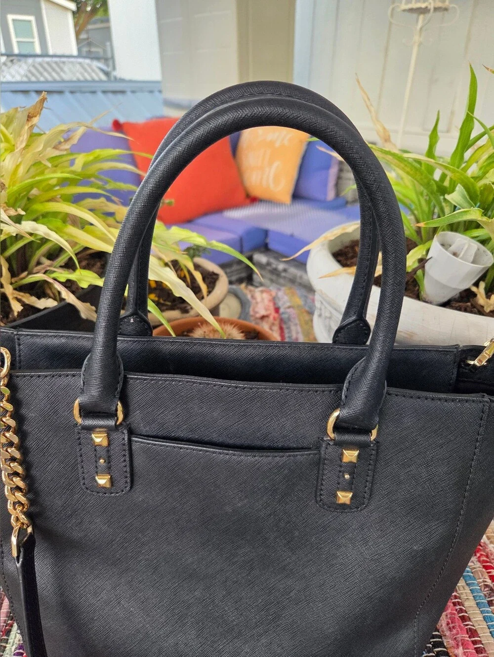 Michael Kors Saffiano Leather Black PX-1704 Sandrine Studded Tote Bag